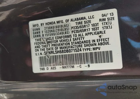 2013 Honda Odyssey Ex-L z USA, uszkodzony, nr VIN 5FNRL5H68DB071524